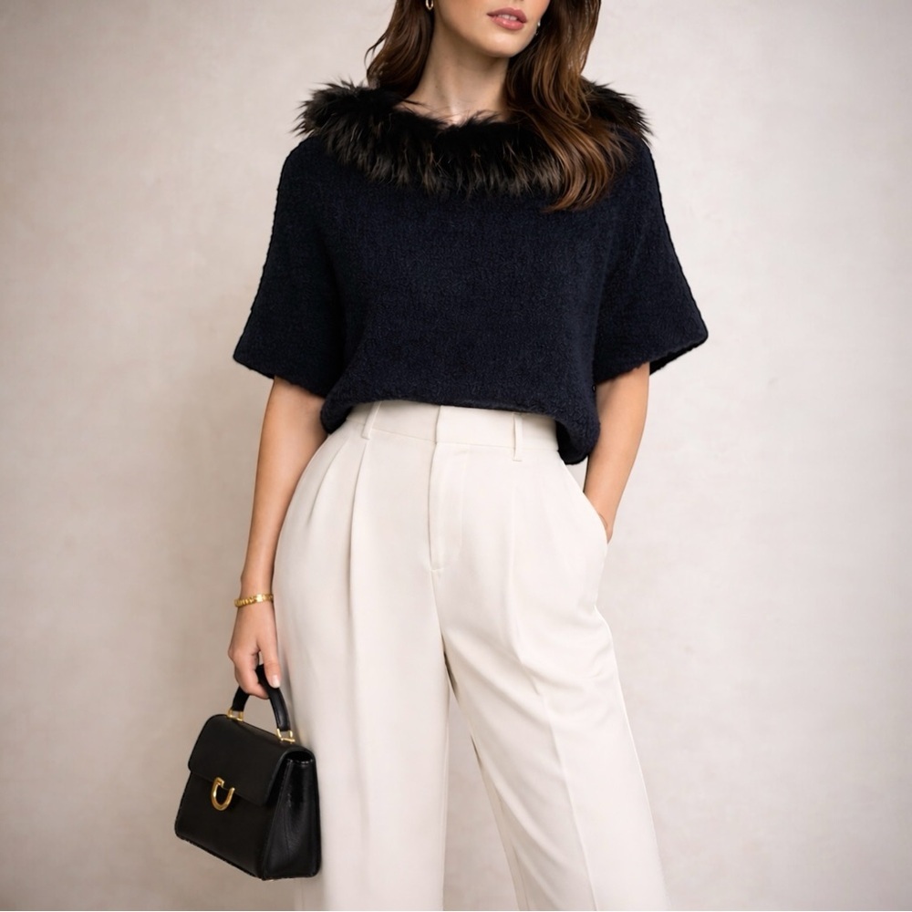 FABIANA FILIPPI Short Sleeve Alpaca Blend Sweater with‎ Genuine Fox Fur Collar